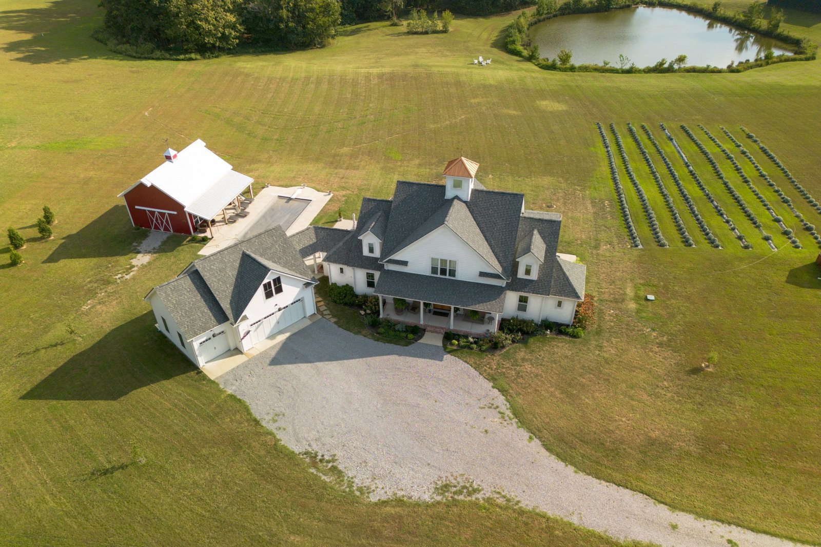 Aerial view of a farmhouse and surrounding property